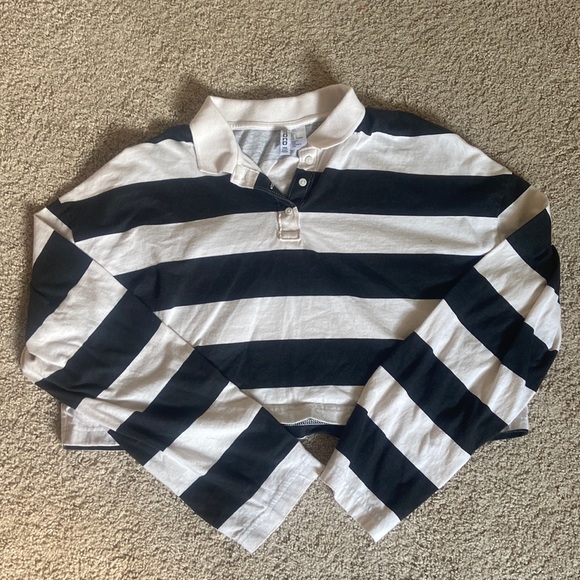H&M COLLARED STRIPED LONG SLEEVE CROP TOP SIZE L - Picture 1 of 4